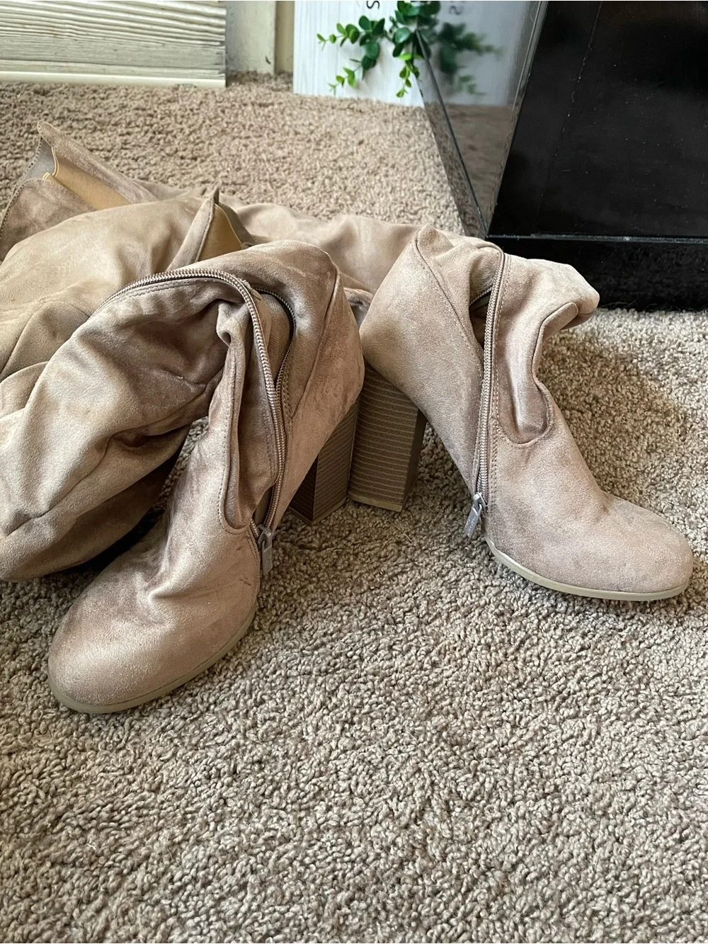 Over-the-Knee Suede High-Heel Boots in Taupe